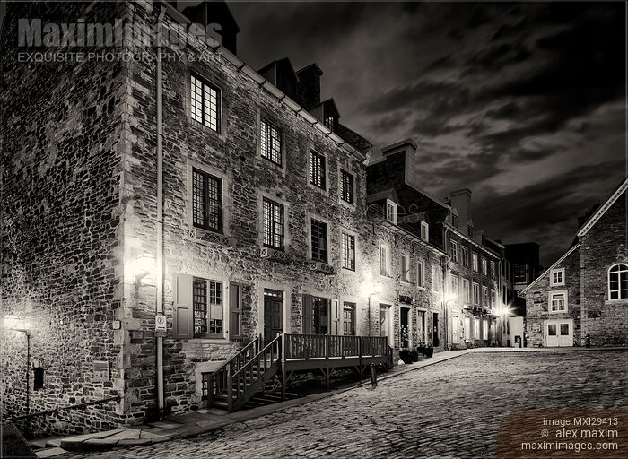 Stock photo of Old Quebec City Place Royale Beautiful historic French architecture Black and white Buy commercial use license at MaximImages