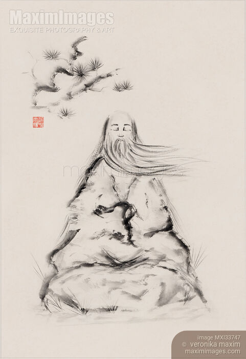 Old Taoist sage master Laozi meditating under a pine branch Zen illustration