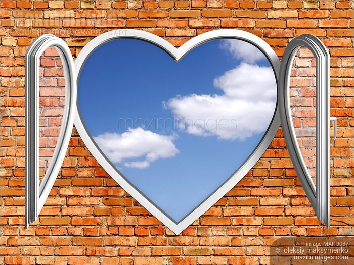 Open heart-shaped window in brick wall Stock image of Open heart-shaped window in brick wall Buy commercial use license at MaximImages