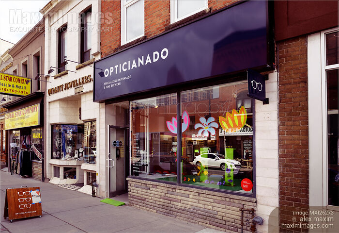 Stock photo of Opticianado vintage eyewear store display at the Junction Toronto Buy commercial use license at MaximImages