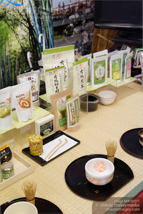 Organic Matcha tea of different grades and a bowl with utensils for matcha tea sampling in a store in Japan Stock photo of Organic Matcha tea of different grades and a bowl with utensils for matcha tea sampling in a store in Japan Buy commercial use license at MaximImages
