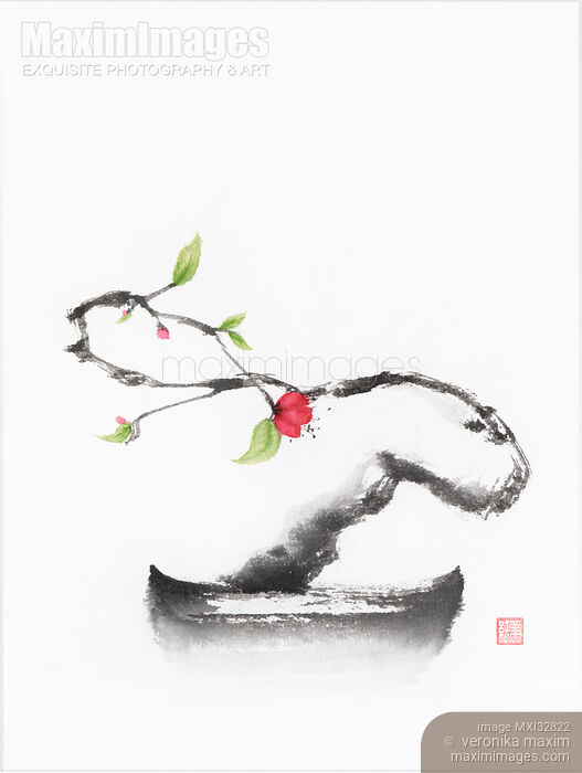 Stock image of Oriental sumi-e painting of a dreamy Zen bonsai sakura tree with a red flower Buy commercial use license at MaximImages