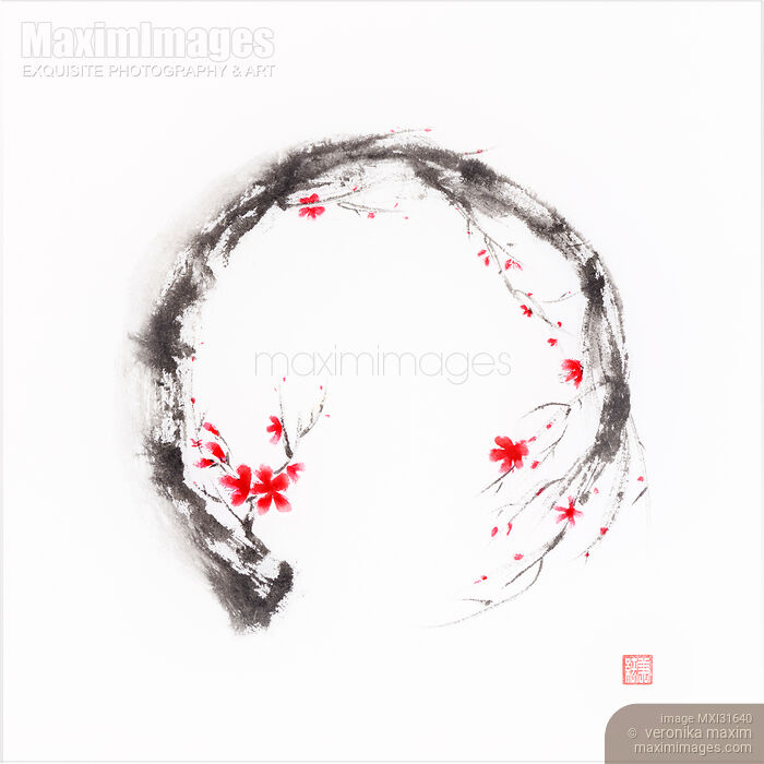 Original sumi-e painting of Enso symbol of Mindfulness and Enlightenment in shape of red cherry blossom branch Stock image of Original sumi-e painting of Enso symbol of Mindfulness and Enlightenment in shape of red cherry blossom branch Buy commercial use license at MaximImages