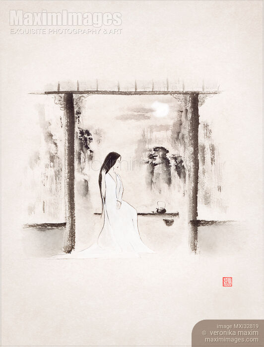 Stock image of Original Zen painting of an asian woman drinking tea by the full moonlight Buy commercial use license at MaximImages
