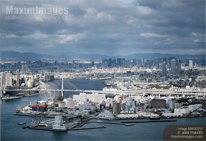 Stock photo of Osaka Bay harbor aerial view Tempozan bridge over Aji river and Giant Ferris Wheel Buy commercial use license at MaximImages