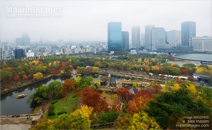 Osaka Castle Park and Chuo-ku financial distric city skyline aerial view Stock photo of Osaka Castle Park and Chuo-ku financial distric city skyline aerial view Buy commercial use license at MaximImages