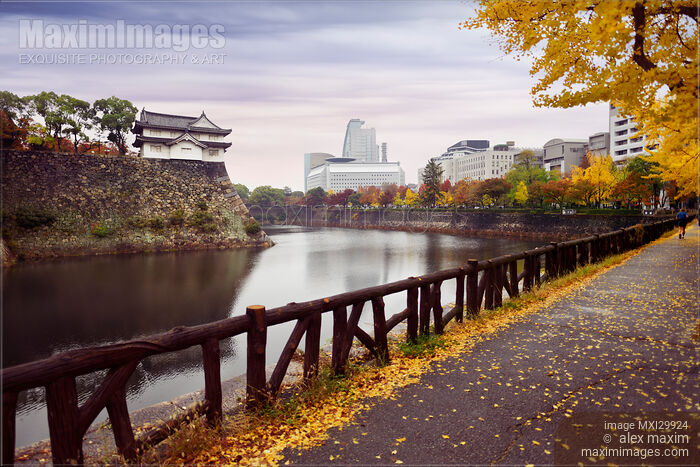 Osaka Castle Park walkway along inner moat with Osaka city view in colorful autumn scenery Stock photo of Osaka Castle Park walkway along inner moat with Osaka city view in colorful autumn scenery Buy commercial use license at MaximImages