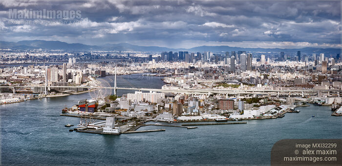 Stock photo of Osaka city aerial panorama Osaka Bay Tempozan bridge Aji river and the Ferris Wheel in Minato Japan Buy commercial use license at MaximImages