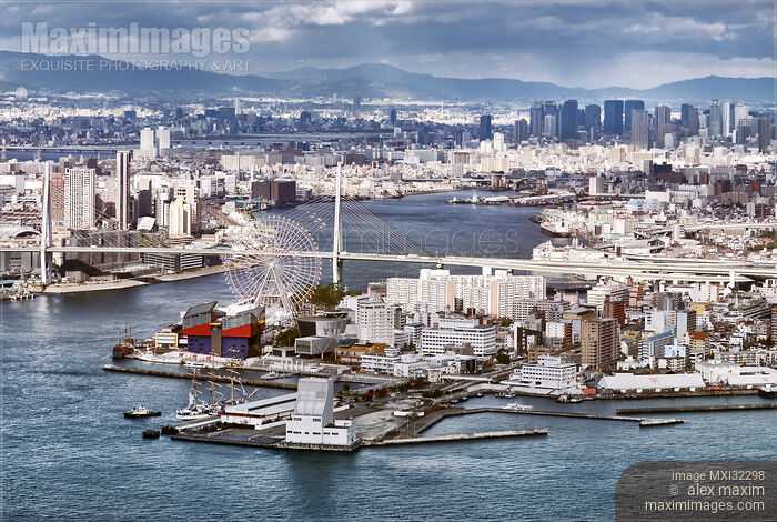 Osaka city aerial view of Tempozan bridge over Aji river and the Giant Ferris Wheel Stock photo of Osaka city aerial view of Tempozan bridge over Aji river and the Giant Ferris Wheel Buy commercial use license at MaximImages