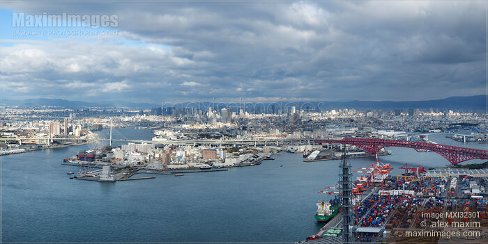Osaka city skyline scenery Osaka Bay panorama Tempozan and Minato bridges and the port Stock photo of Osaka city skyline scenery Osaka Bay panorama Tempozan and Minato bridges and the port Buy commercial use license at MaximImages