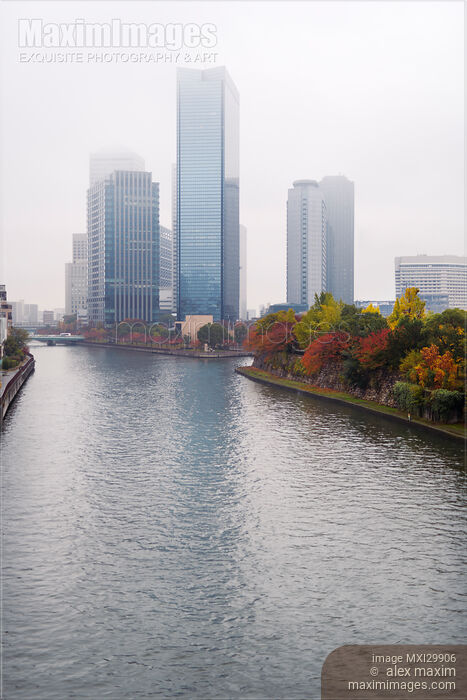 Stock photo of Osaka downtown Chuo-ku financial distric high-rise towers and Okawa River Buy commercial use license at MaximImages