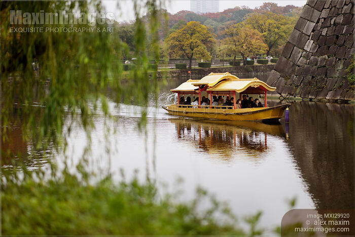 Osaka-jo Gozabune Boat sightseeing ride in Osaka Castle Park inner moat canal Stock photo of Osaka-jo Gozabune Boat sightseeing ride in Osaka Castle Park inner moat canal Buy commercial use license at MaximImages