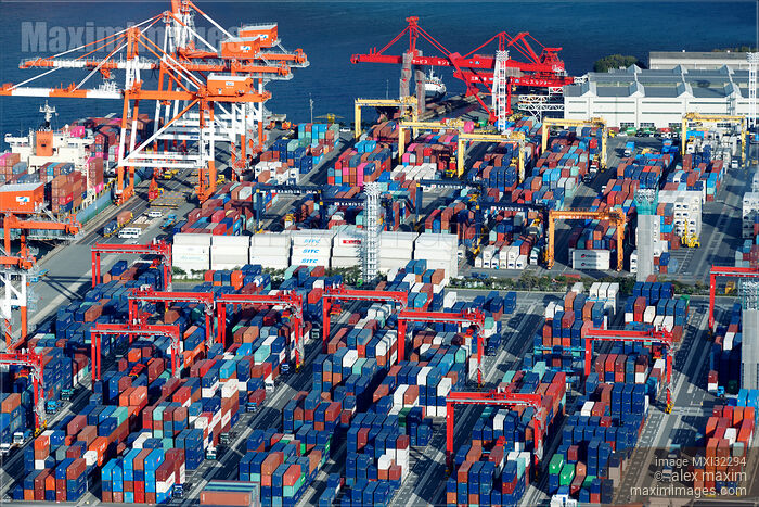 Osaka sea port at Osaka Bay aerial view of containers Stock photo of Osaka sea port at Osaka Bay aerial view of containers Buy commercial use license at MaximImages
