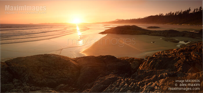 Stock photo of Pacific Rim National Park beautiful panoramic sunset scenery during low tide Green Point Tofino Buy commercial use license at MaximImages