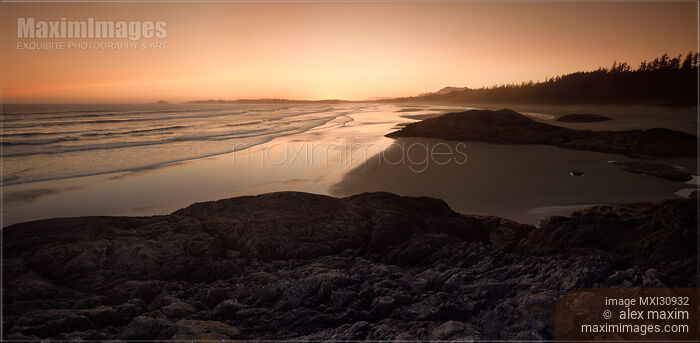 Stock photo of Pacific Rim National Park panoramic twilight scenery of the sandy ocean beach Tofino Canada Buy commercial use license at MaximImages