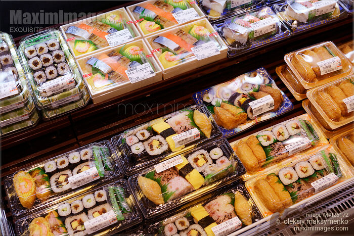 Stock photo of Packaged prepared sushi in Japanese store Buy commercial use license at MaximImages
