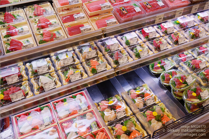 Stock photo of Packaged sashimi in Japanese store Buy commercial use license at MaximImages