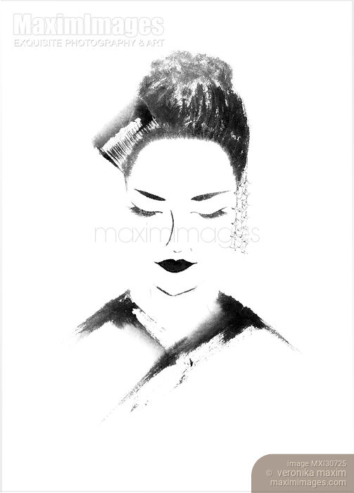 Stock image of Painted portrait of a Japanese woman geisha maiko face Zen style illustration Buy commercial use license at MaximImages