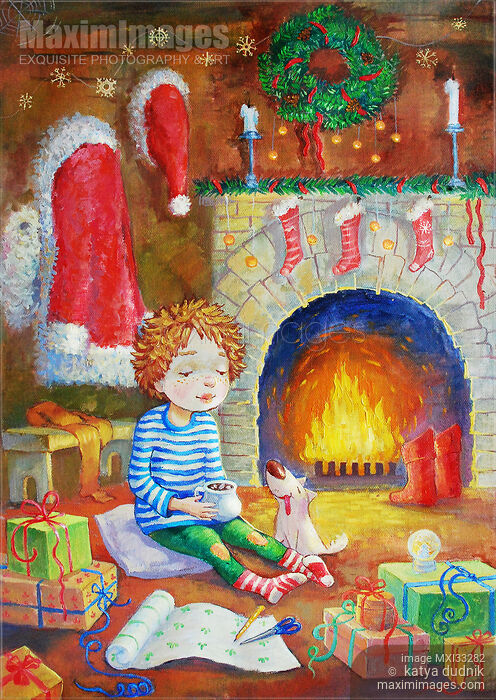 Stock image of Painting of a cute little boy and his dog surrounded by presents on a Christmas night Buy commercial use license at MaximImages
