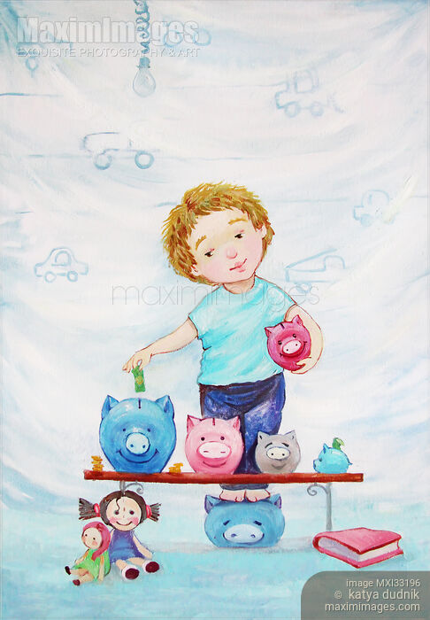 Painting of a cute little boy putting money in a piggy bank Stock image of Painting of a cute little boy putting money in a piggy bank Buy commercial use license at MaximImages