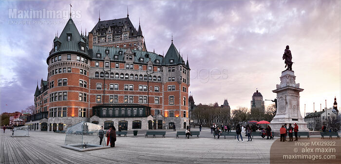 Panorama of Fairmont Le Chateau Frontenac grand hotel in Quebec city Canada with dramatic skies at dusk Stock photo of Panorama of Fairmont Le Chateau Frontenac grand hotel in Quebec city Canada with dramatic skies at dusk Buy commercial use license at MaximImages