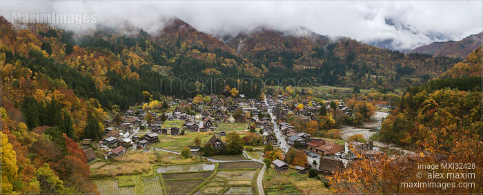 Panorama of Shirakawa-go traditional Japanese village autumn aerial scenery Gassho-zukuri rural houses and cultivated fields Japan Stock photo of Panorama of Shirakawa-go traditional Japanese village autumn aerial scenery Gassho-zukuri rural houses and cultivated fields Japan Buy commercial use license at MaximImages