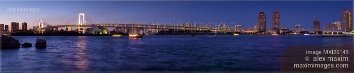 Panorama of the Rainbow bridge in Tokyo at night Stock photo of Panorama of the Rainbow bridge in Tokyo at night Buy commercial use license at MaximImages