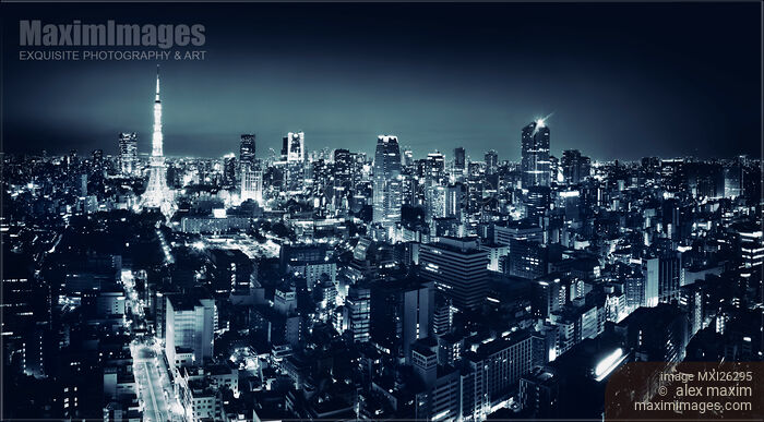 Stock photo of Panoramic city scenery of Tokyo and Tokyo tower Black and white Buy commercial use license at MaximImages