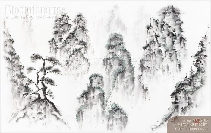 Stock image of Panoramic landscape sumi-e Zen painting of floating misty mountains Buy commercial use license at MaximImages