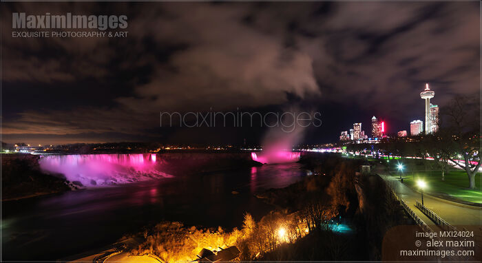 Stock photo of Panoramic Night View of Niagara Falls Buy commercial use license at MaximImages