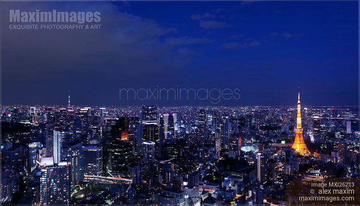 Stock photo of Panoramic nighttime scenery of Tokyo tower in cityscape Buy commercial use license at MaximImages