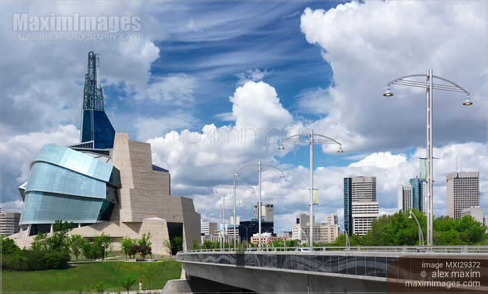 Stock photo of Panoramic view of Canadian Museum for Human Rights and downtown skyline of Winnipeg Manitoba Buy commercial use license at MaximImages
