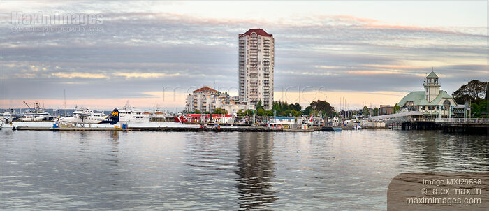 Stock photo of Panoramic view of Nanaimo city waterfront skyline in sunset Vancouver Island Buy commercial use license at MaximImages