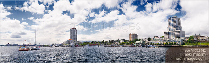 Panoramic view of Nanaimo city waterfront skyline Vancouver Island Stock photo of Panoramic view of Nanaimo city waterfront skyline Vancouver Island Buy commercial use license at MaximImages