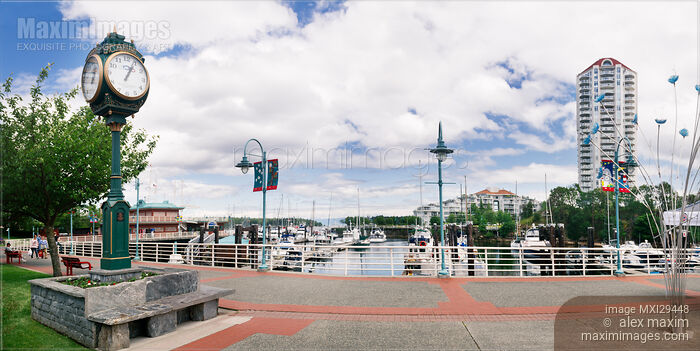 Stock photo of Panoramic view of Nanaimo city waterfront with a clock Vancouver Island Buy commercial use license at MaximImages