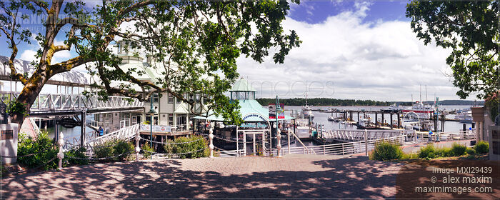 Stock photo of Panoramic view of Nanaimo Waterfront Lighthouse Bistro Vancouver Island Buy commercial use license at MaximImages