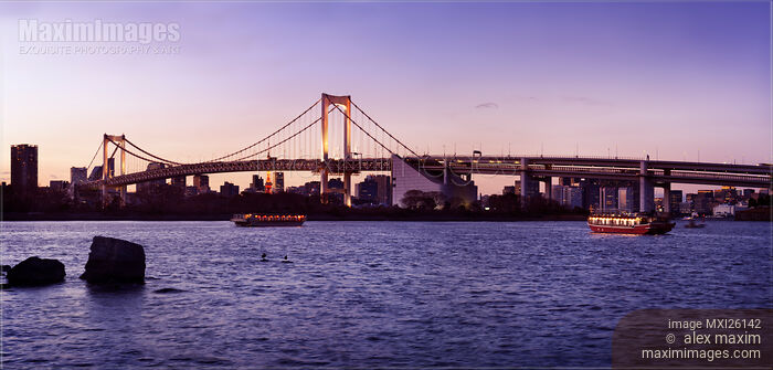 Panoramic view of the Rainbow bridge at sunset in Tokyo Stock photo of Panoramic view of the Rainbow bridge at sunset in Tokyo Buy commercial use license at MaximImages