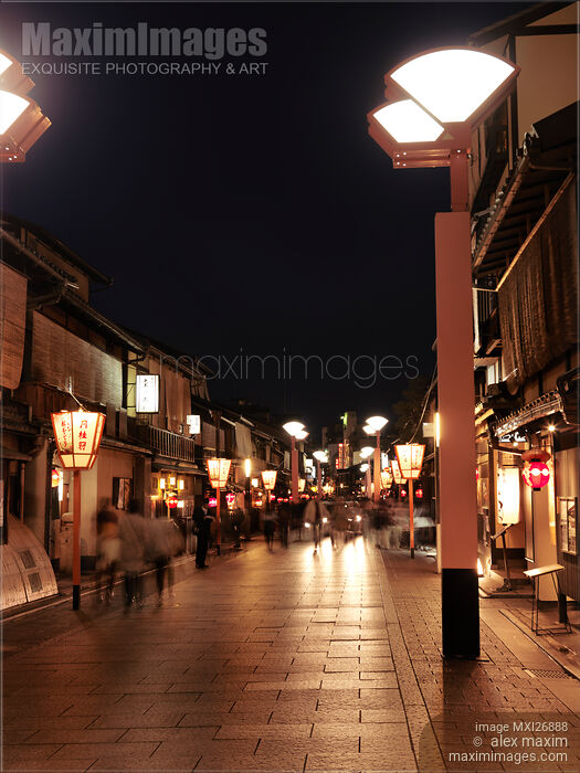 People at Hanami-koji dori street in Kyoto at night Stock photo of People at Hanami-koji dori street in Kyoto at night Buy commercial use license at MaximImages