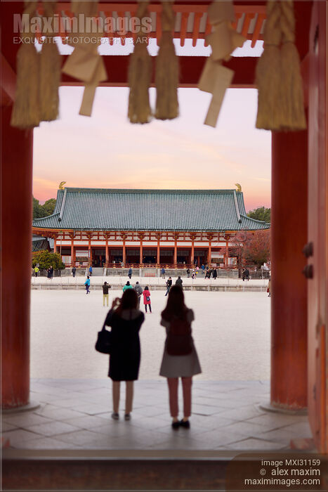Stock photo of People at the main entrance gate Outen-mon of Heian Shinto Shrine Buy commercial use license at MaximImages