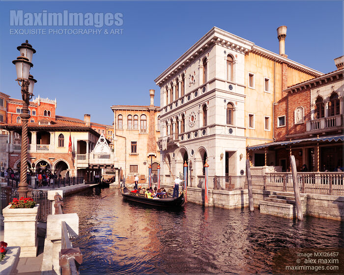 Stock photo of People at Tokyo Disneysea riding Venetian gondolas Buy commercial use license at MaximImages