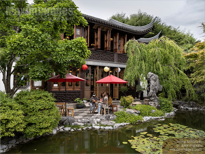 Stock photo of People at Yun Shui Teahouse in Lan Su Chinese Garden in Portland Oregon Buy commercial use license at MaximImages