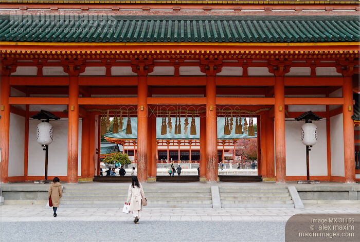 Stock photo of People entering Heian Shrine Outen-mon main gate Heian-jingu Kyoto Buy commercial use license at MaximImages