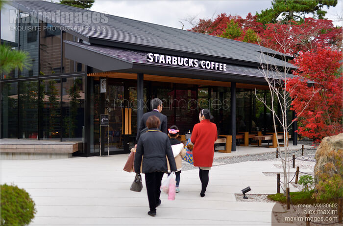 Stock photo of People going to Starbucks Coffee coffeehouse in Uji Japan Buy commercial use license at MaximImages