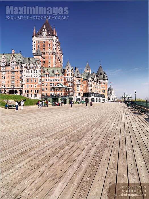 People on Terrasse Dufferin boardwalk near Fairmont Le Chateau Frontenac castle in historic old Quebec city Stock photo of People on Terrasse Dufferin boardwalk near Fairmont Le Chateau Frontenac castle in historic old Quebec city Buy commercial use license at MaximImages
