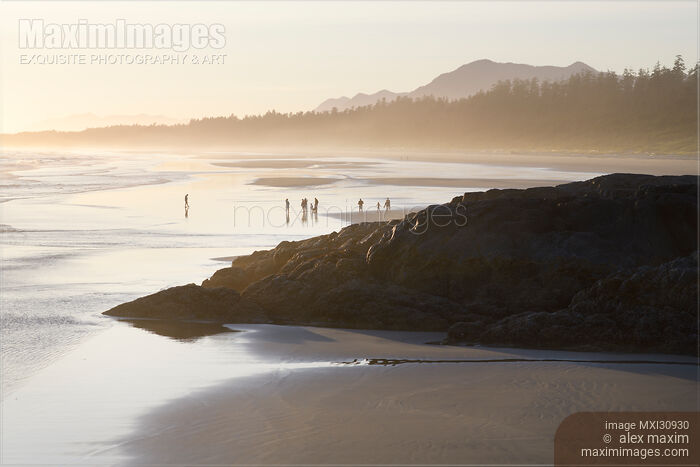 Stock photo of People on the beach at low tide of the ocean Pacific Rim National Park Tofino BC Buy commercial use license at MaximImages