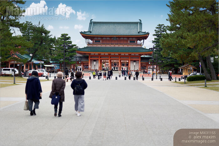 Stock photo of People walking towards Heian Shrine Outen-mon main gate Heian-jingu Kyoto Buy commercial use license at MaximImages