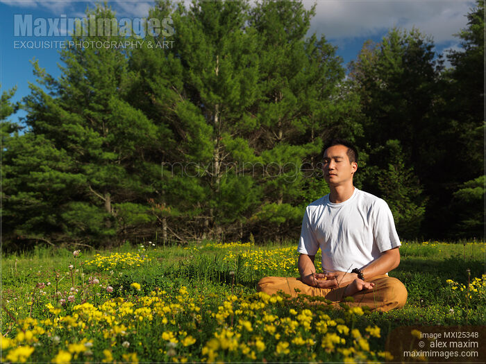 Stock photo of Person meditating in summer nature during sunrise Buy commercial use license at MaximImages