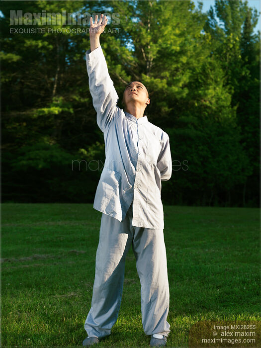 Stock photo of Person practicing sunrise Qi Gong in the nature Buy commercial use license at MaximImages