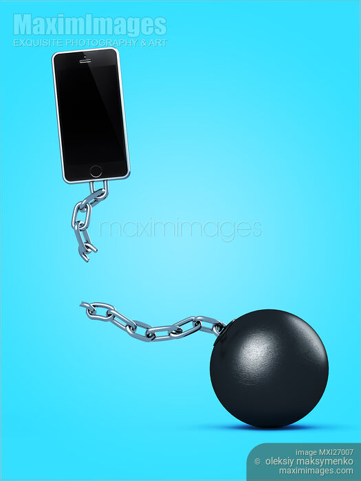 Stock image of Phone breaking away from ball and chain Buy commercial use license at MaximImages