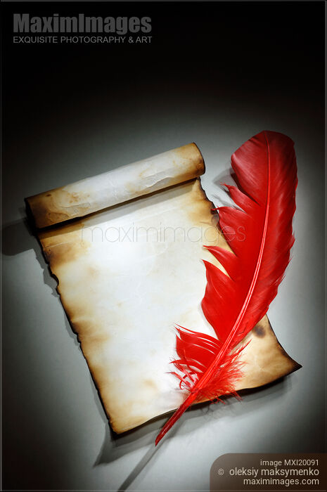 Stock photo of Piece of parchment and quill pen artistic background Buy commercial use license at MaximImages